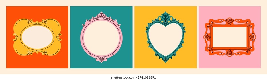 Vintage picture frames. Antique decorative mirrors and photo borders victorian retro style, cartoon modern geometric doodle ornate framed interior elements. Vector flat set.
