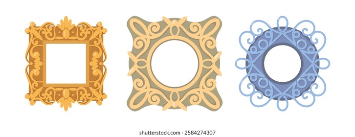 Vintage picture frames set. Vector isolated set of flat retro borders for photography. Square and rounded geometric shape, ornaments and victorian or rococo style. Elegant embellishment