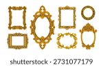 Vintage picture frames set. Wall art gallery borders in old antique style. Baroque baguettes. Retro historical museum decoration for paintings. Flat vector illustration isolated on white background