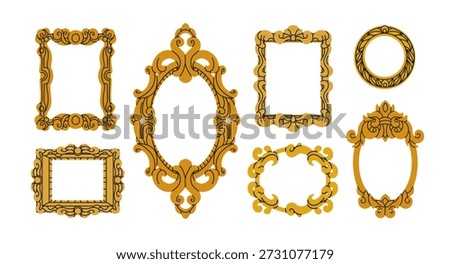Vintage picture frames set. Wall art gallery borders in old antique style. Baroque baguettes. Retro historical museum decoration for paintings. Flat vector illustration isolated on white background