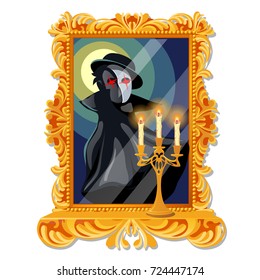 Vintage picture in ornate golden frame and gold candle holder with burning candles isolated on white background. Sketch for poster or card for holiday of all evil spirits Halloween. Vector cartoon.