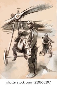 Vintage picture from the series: World between 1905-1949. At the airport - Postal plane with a pilot and soldier. An hand drawn vector illustration (converted).