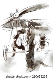 Vintage picture from the series: World between 1905-1949. At the airport - Postal plane with a pilot and soldier. An hand drawn vector illustration (converted).
