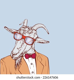 vintage picture. smart goat with glasses dressed in clothes shirt jacket with buttons and bow tie isolated on a blue background