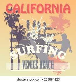 Vintage picture. Surfing in California. Grunge background. T-shirt design. Vector illustration of palms, flowers and surfer silhouette