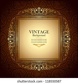 Vintage picture wall frame wall, damask background, antique, victorian gold ornament, baroque brown old paper, card, ornate cover page, label, floral luxury pattern template, concept design image idea