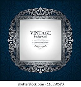 Vintage picture wall frame wall, damask background, antique, victorian silver ornament, baroque blue old paper, card, ornate cover page, label, floral luxury pattern template concept design image idea