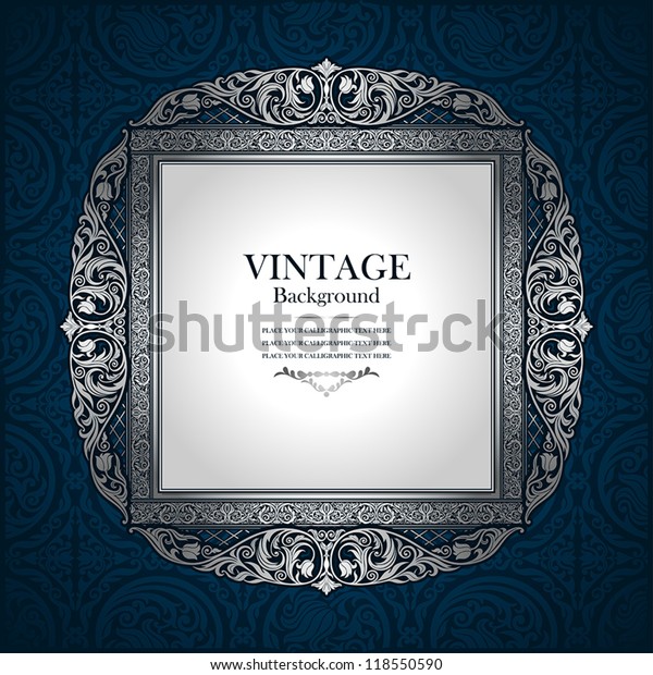 Vintage picture wall frame wall, damask background,\
antique, victorian silver ornament, baroque blue old paper, card,\
ornate cover page, label, floral luxury pattern template concept\
design image idea