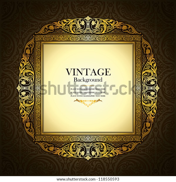 Vintage picture wall frame wall, damask background,\
antique, victorian gold ornament, baroque brown old paper, card,\
ornate cover page, label, floral luxury pattern template, concept\
design image idea