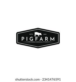 Vintage pig farm logo design with hipster drawing style