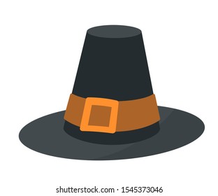 Vintage pilgrim hat flat vector illustration. Old fashioned headwear, traditional colonial american clothing item. Antique headwear with buckle. Thanksgiving holiday celebration symbol