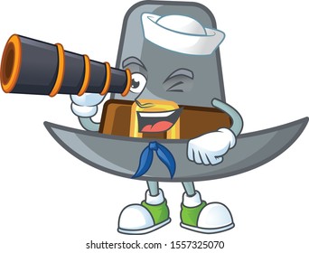 Vintage pilgrim hat isolated with mascot sailor holding binocular.