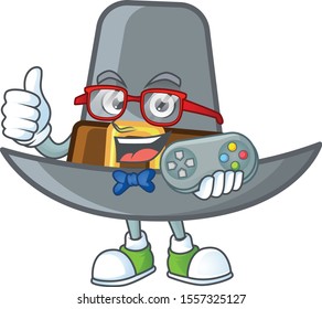 Vintage pilgrim hat isolated with mascot holding gamer.