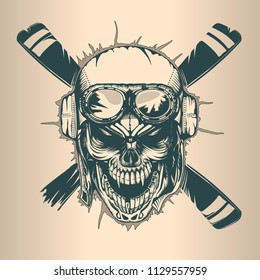 Vintage pilot skull, monochrome hand drawn tattoo style