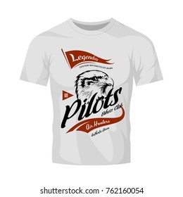 Vintage pilots custom bikes motor club vector logo on white t-shirt mock up. Premium quality bikers band logotype tee-shirt emblem illustration. Street wear retro eagle mascot tee print design.