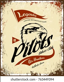 Vintage pilots custom bikes motor club t-shirt vector logo on light background. Premium quality bikers band logotype tee-shirt emblem illustration. Street wear retro eagle mascot tee print design.