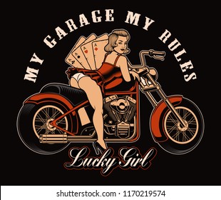 Vintage Pin Up Girl With Motorcycle And Playing Cards On Dark Background. Text Is On The Separate Group.