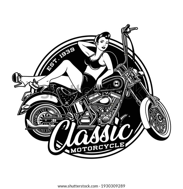 Vintage Pin\
Up Girl on Motorcycle Vector\
Illustration