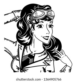 Vintage Pin Up Woman Pilot Portrait In Military Uniform And Goggles Retro Lady In Pop Art 1950's Style Black And White Comics Character Smiling And Amazed Vector Illustration Close Up On White