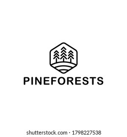 Vintage  Pine Forest Logo on hexagon shape in black white color