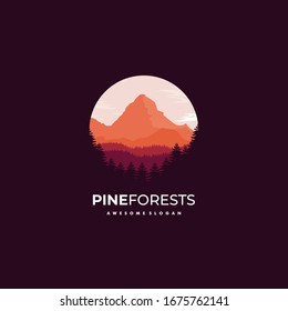 Vintage Pine Forest Vector Logo Illustration.  Badge Style.