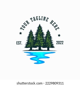 Vintage pine and river logo icon vector design, Evergreen logo design inspiration
