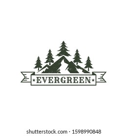 Vintage Pine Tree Logo Design With Grunge Effect/Texture, Minimalist Retro Landscape Hills, Mountain Evergreen Logo Template