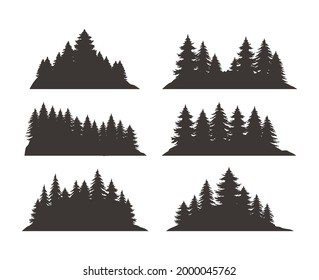 Vintage pine tree mountain forest silhouette set black