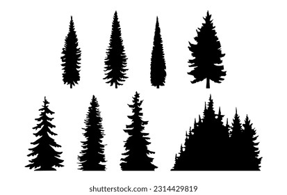 Vintage pine tree silhouette. Trees and forest set in monochrome style vector illustration