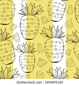Vintage pineapple pattern print with stripes. Vector seamless background design in a retro style.