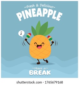 Vintage pineapple poster design with vector pineapple character. 