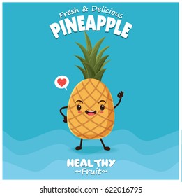 Diseño de póster de piña vintage con carácter de piña vectorial.