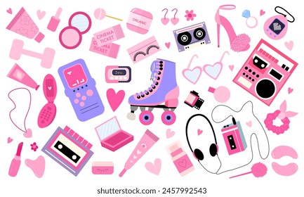 Vintage pink 90's girl vector flat set. Set of colorful elements 80s 90s in pink colours for stickers and posters