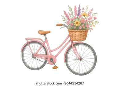 Vintage pink bicycle with a wicker basket overflowing with vibrant flowers, delicately hand-painted in watercolor. Perfect for decor, greeting cards, and designs, evoking nostalgia and outdoor charm.