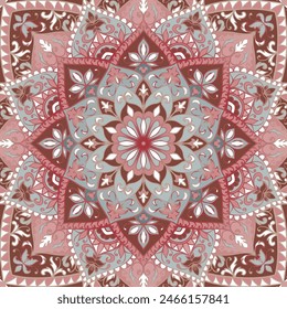 Vintage pink and blue scarf design. Vector pattern for a neckerchief, carpet, kerchief, bandana, rug. Traditional floral pattern.