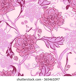 Vintage pink botanical seamless pattern with blooming peony and twigs, hand drawn vector illustration