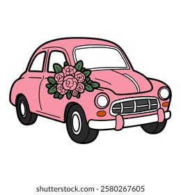 Vintage Pink Car with Floral Decoration Illustration