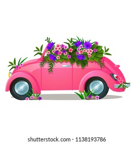 Vintage pink car with growing flowers isolated on white background. Vector cartoon close-up illustration.