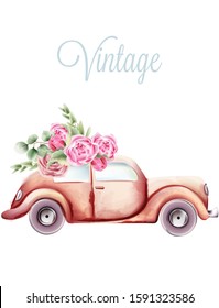 Vintage pink car with rose flowers and green leaves on the roof. Watercolor vector