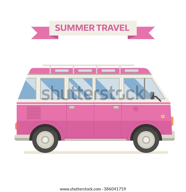 Vintage pink coach bus. Travel bus\
vector icon isolated on white. Summer bus family travel. Tourist\
bus cartoon pictogram in flat design. RV travel for\
girls.