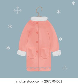 Vintage pink coat with buttons and pockets. Cute winter cartoon illustration for cards, posters, marks.
