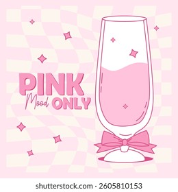 Vintage Pink Coquette Glass Drink with Bow. Aesthetic Cocktail on Groovy Twisted Checkered Background. Romantic Girly Vibe. Vector illustration. Trendy Pink Mood square Poster