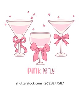 Vintage Pink Coquette Glass Drink with ribbon Bow. Aesthetic Cocktail Party. Romantic Girly Vibe. Vector illustration. Trendy Mood and drawn element