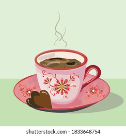 
vintage pink cup green background delicious turkish drink coffee vector