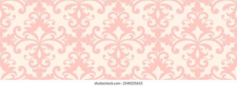Vintage pink damask seamless pattern on beige background, perfect for wallpaper, textile, invitations, backgrounds, and decor projects