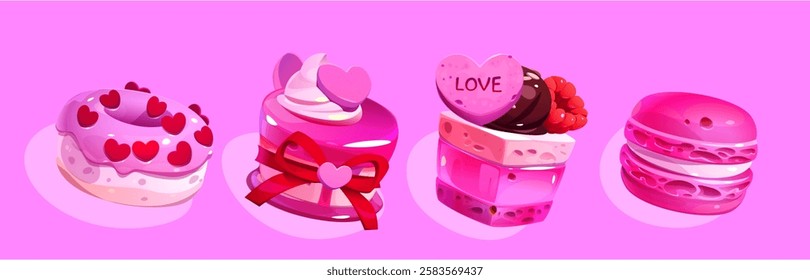 Vintage pink dessert set of decorated cakes with romantic elements - heart topped donut, sweet treat wrapped in red bow, layered bakery with berry and love candy, rose macaron for Valentine day design