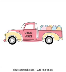 Vintage pink easter truck carrying colorful easter eggs illustration vector graphic perfect for easter celebration