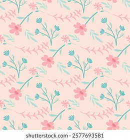 vintage pink floral seamless pattern, pink peach flower with green and pink leaves on pink background, flower repeatable pattern for wallpaper, prints, textiles, or wrapping paper