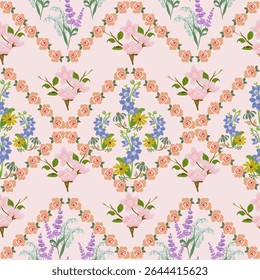 Vintage Pink Floral Seamless Pattern. Diagonal Rose and Lily Repeat. hand drawn roses, lilies, and spring florals. Ideal for wedding stationery, romantic fabric, and pastel decor.