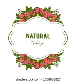 Vintage pink flower natural art frame for invitation greeting card. Vector illustration.